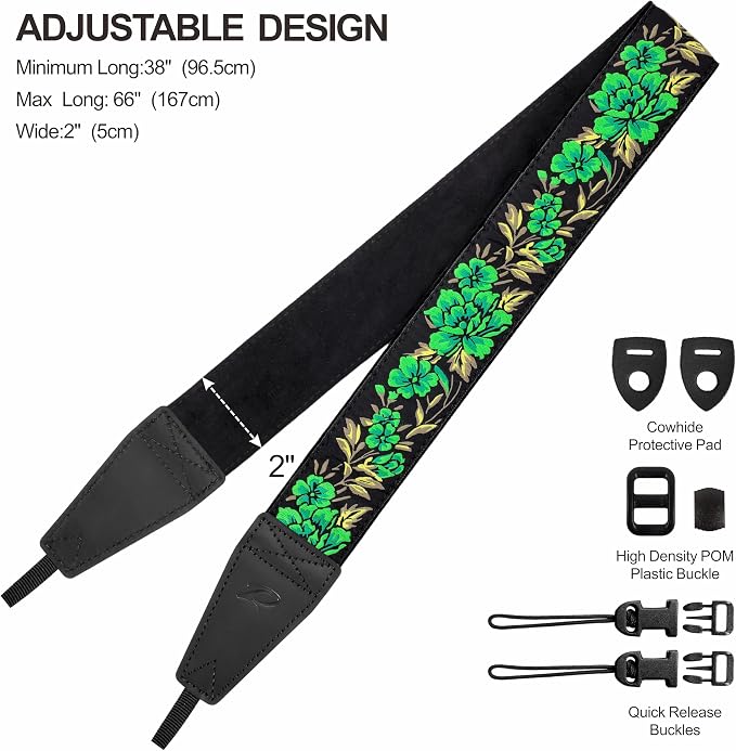 Padwa Lifestyle Green Rose Camera Strap - 2" Full Grain Leather Ends Camera Straps for Photographers, Vintage Embroidered Cotton Soft Suede Fabric Padded Strap Quick Release fits All Cameras - Image 6
