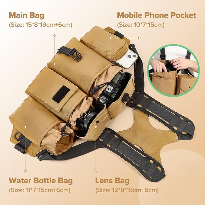 Camera Belt Camera Vest for Photographers,Vest Waist Pack for Lens | Multifunctional Camera Bag Adjustable Strap Suitable for Storing DSLR Camera Body Lens Smartphone Water Bottle(Khaki) - Image 5