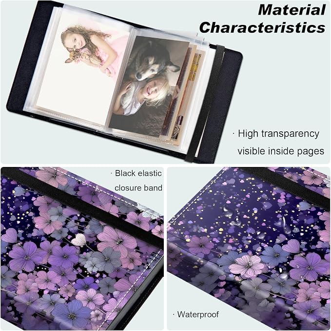 Small Photo Album 5x7, 60 Pockets Holds 120 Photos, Slip-in Pocket Photo Storage Book with Black Elastic Band for Family Wedding Baby Travel Pictures, Pastel Purple Wildflower Heart - Image 5
