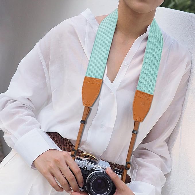 Padwa Lifestyle Corduroy Camera Strap - 2" Double Layer Full Grain Cowhide Leather Head Camera Straps for Photographers,Unique Soft Corduroy Fabric with Quick Release fits all Cameras - Fresh Green - Image 2