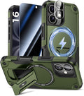 Goton 3 in 1 for iPhone 16 Case with Privacy Screen Protector Green | Glass Camera Lens Protector,Compatible for MagSafe,Invisible Kickstand, Shockproof Phone Cover for iPhone16 by Goton