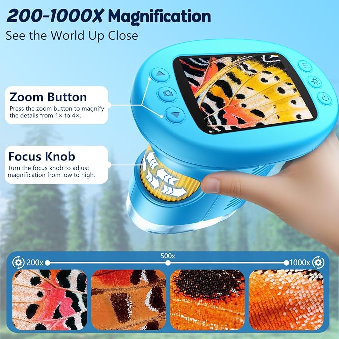 Odatay 4K 1000X Digital Microscope for Kids with 32G Card, Long Distance Viewing & 2.4" Screen Portable Handheld Edu Toys for Age 3-12 Exploring Bugs Plants at Home Classroom & Outdoor Travel, Blue - Image 5