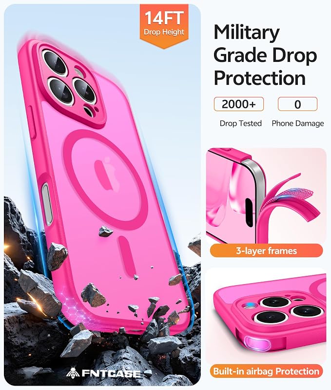 FNTCASE for iPhone 16 Pro Case, Fit for Magsafe, with Screen Protector | Full Camera Protection, Translucent Matte, 14FT Military Grade Drop Proof, Shockproof Protective Phone Cover, Hot Pink - Image 5