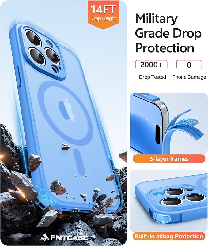 FNTCASE for iPhone 14 Pro Max Case, Fit for Magsafe, Glass Screen Protector | Full Camera Protection, Translucent Matte, 14FT Military Grade Drop Proof, Shockproof Protective Phone Cover, Ice Blue - Image 5