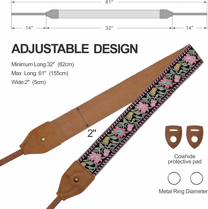 Padwa Lifestyle 2" Wide Classic Crazy Horse Art Cowhide Head Cotton Camera Straps for Photographers - Image 6