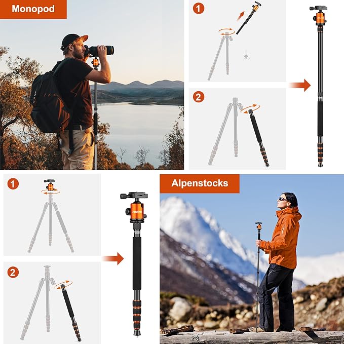 80/85 inches Heavy Duty Tripod for Camera Phone, 85" Camera Tripod Monopod | Tripod Stand for DSLR Binoculars Spotting Scope Camcorders Video, 360 Degree Ball Head, 35 lbs Loads - Image 7