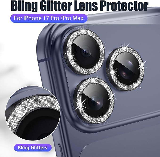 AGVEE 3+3 6 Pack for iPhone 17 Pro & Max Camera Lens Protector Cover | Individual Bling Diamond & Bling Glitter Sparkle Cute Gem Metal Ring, 9H Tempered HD Glass - Image 5