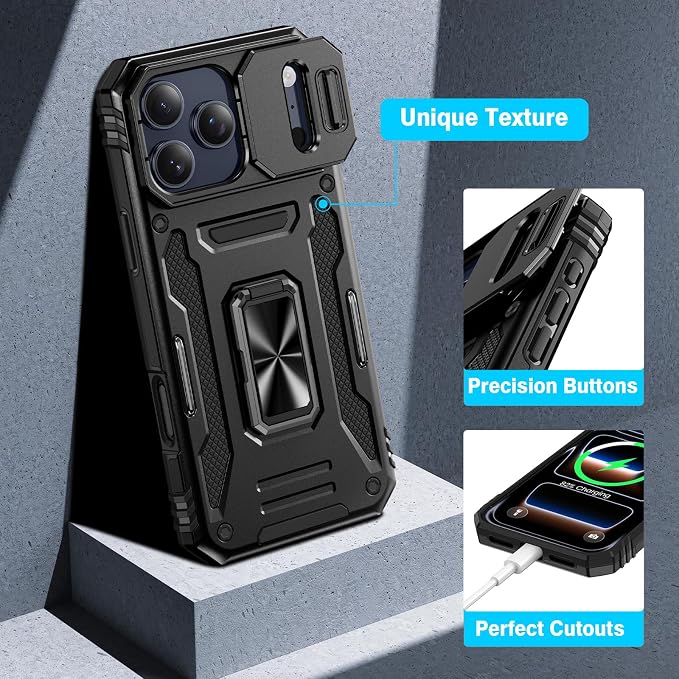 VEGO for iPhone 17 Pro Case with Privacy Screen Protector Black | Slide Camera Cover & Ring Kickstand Military Grade Heavy Duty Protection Cover for iPhone 17 Pro 5G 6.3 Inch - Black - Image 7