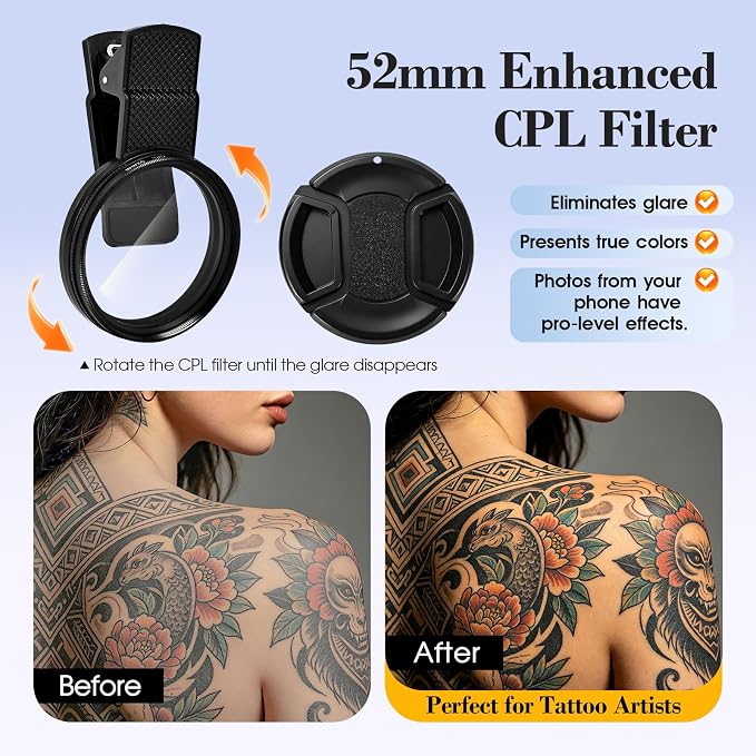 Polarized Light and Lens for Tattoo, Polarizing CPL Lens for iPhone | Eliminate Glare And Restore True Colors, 120 LED Light, 52mm CPL Lens,Tattoo Photography Kit For Tattoo Artists, Vlogs, Zoom - Image 3