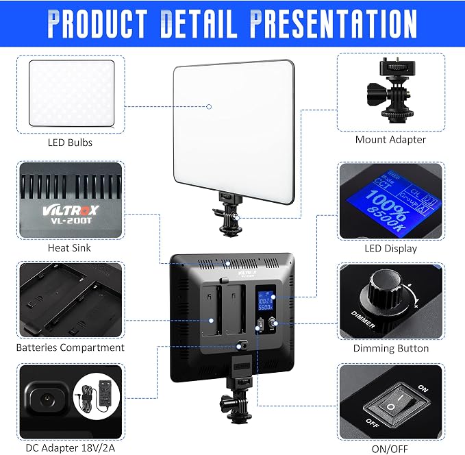 VILTROX VL-200T Bi-Color Dimmable LED Video Light with Remote Wireless Control,Ultra Thin 3300-5600K CRI95+ Studio Photography Panel for Photography TikTok YouTube Twitch Live Streaming Zoom Meeting - Image 7