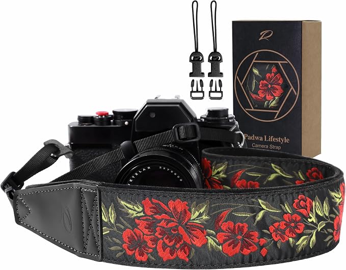 Padwa Lifestyle Camera Strap - 2" Full Grain Leather Ends Camera Straps for Photographers, Vintage Embroidered Cotton Weave Soft Suede Fabric Padded Strap Quick Release fits All Cameras by PadwaLifestyleCameraStrap