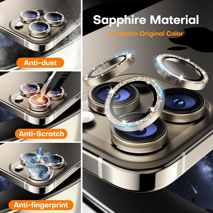 Camera Lens Protector for iPhone 15 Pro Max/15 Pro- Glitter Natural | 9H Tempered Glass, Metal Individual Camera Cover, Accessories, Anti-drop, Case Friendly, HD Clear, Anti-Scratch - Image 3