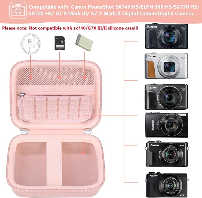 Carrying Case for Canon PowerShot SX740 HS, SX730 HS Camera, Pink | SX720 HS, SX620 HS, G7 X Mark III, G7 X Mark II Digital Camera, Storage Holder Travel Bag with Mesh Pocket for Battery Pack - Image 2