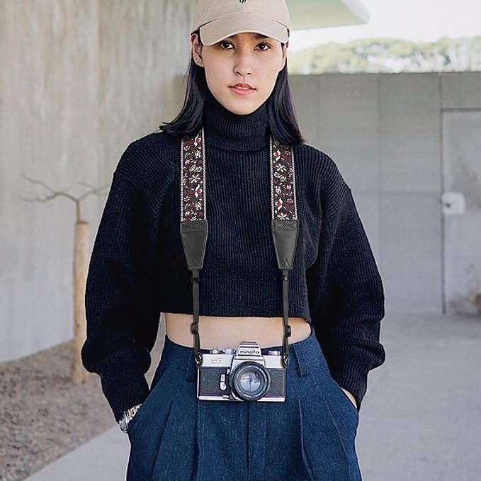 Padwa Lifestyle Camera Strap - 2" Full Grain Leather Ends Camera Straps for Photographers, Vintage Embroidered Cotton Weave Soft Strap Quick Release fits All Cameras - Image 2