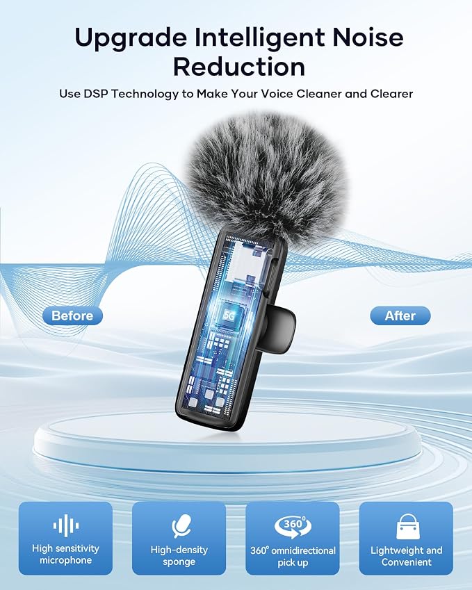Wireless Microphone for iPhone iPad Android Phone and Camera, 2 Pack Wireless Lavalier Lapel Mic with Noise Reduction, 3 in 1 Mini Microphone for Video Recording Interview Podcast YouTube TikTok Vlog - Image 5