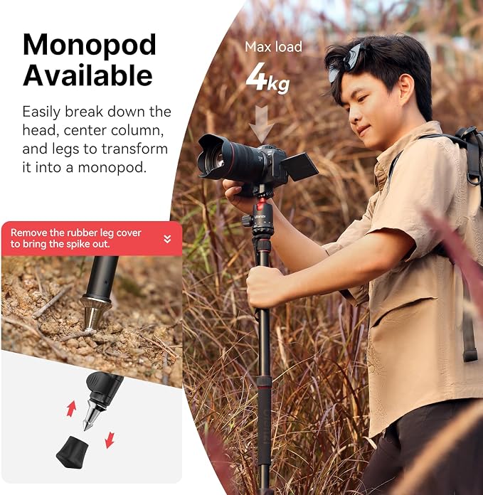 ULANZI TT31 72.4" Claw Quick Release Aluminum Camera Tripod & Monopod, Panorama 360° Ball Head Detachable w 180°Revertible Legs, Up Load 8.82lb, for Sony/Canon/Nikon/Fujifilm and More - Image 2