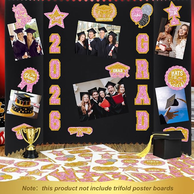 Glenmal 14 Sheets Graduation Photo Display Board Sticker Class of 2026 Pink Gold Picture Display Stickers Accessories for 2026 Grad Party College Board Photo Frame Decor (12x10inch, 8.3x8.3inch) - Image 4