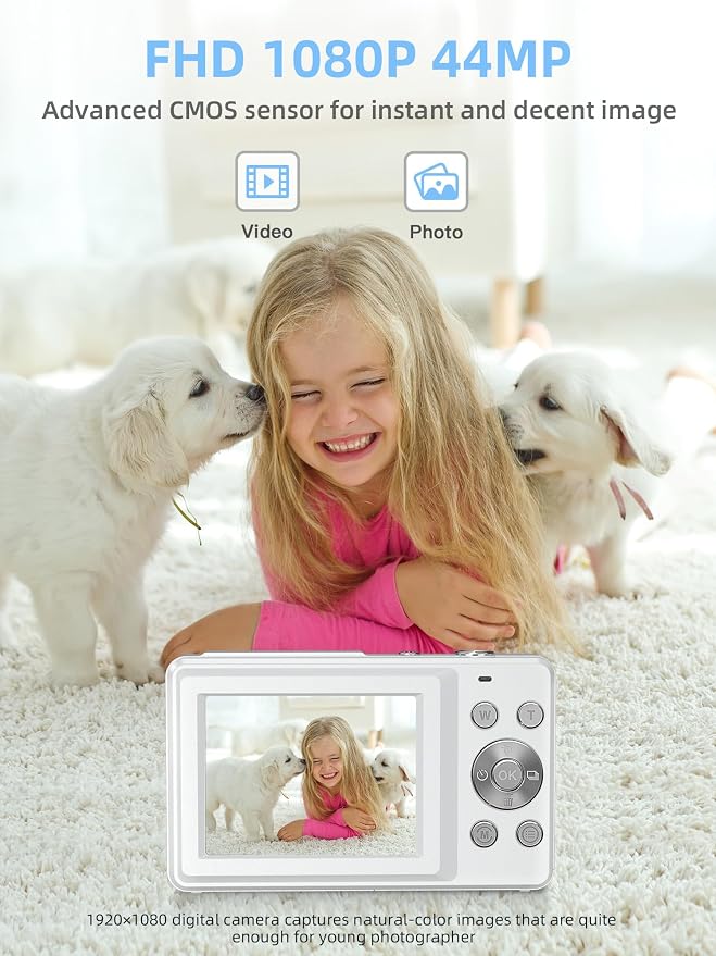Digital Camera 1080P with 32G Card 16X Zoom & Flash Compact for Kid, White | Small camera with anti-shake, Includes 2 batteries & charger. Perfect for parties, trips, birthdays gift from parents - Image 2