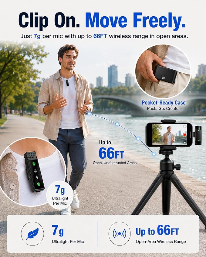 Wireless Lavalier Microphone for iPhone/Samsung/Android, 2 Mics, USB-C Port | 2 Clip-On Mics with Noise Reduction, 34h Using Time with Charging Case, 48kHz Audio 66ft Range for Video Recording USB C - Image 7