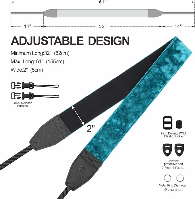 Padwa Lifestyle Peacock Blue Velvet Camera Strap - 2" Double Layer Full Grain Cowhide Leather Head Camera Straps for Photographers,Unique Soft Velvet Fabric with Quick Release fits all Cameras - Image 6