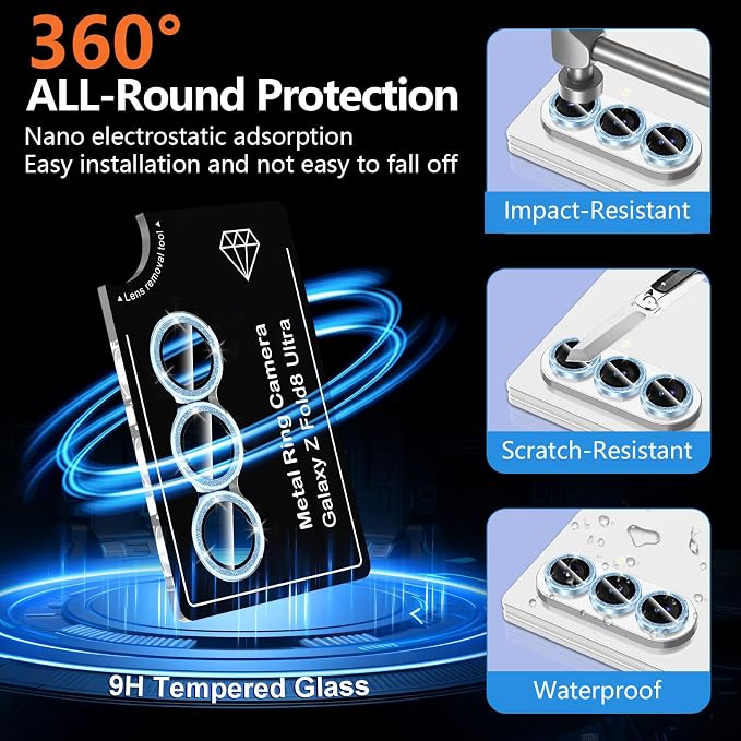 for Samsung Galaxy Z Fold 8 Ultra Camera Lens Protector, Individual Metal Ring Tempered Glass Lens Cover, [Strong Adsorption] Scratch Resistant Ultra-Thin HD Clear Lens Cover, 1 Set-Blue Sparkly - Image 2