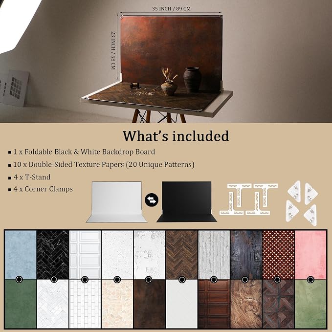 23 x 35 in Product Photography Backdrops, 10 Sheets, 20 Patterns | Double-Sided, Water-Resistant Backdrops for Food, Jewelry, Cosmetics, Crafts, Flat Lays and Content Creation - Image 2