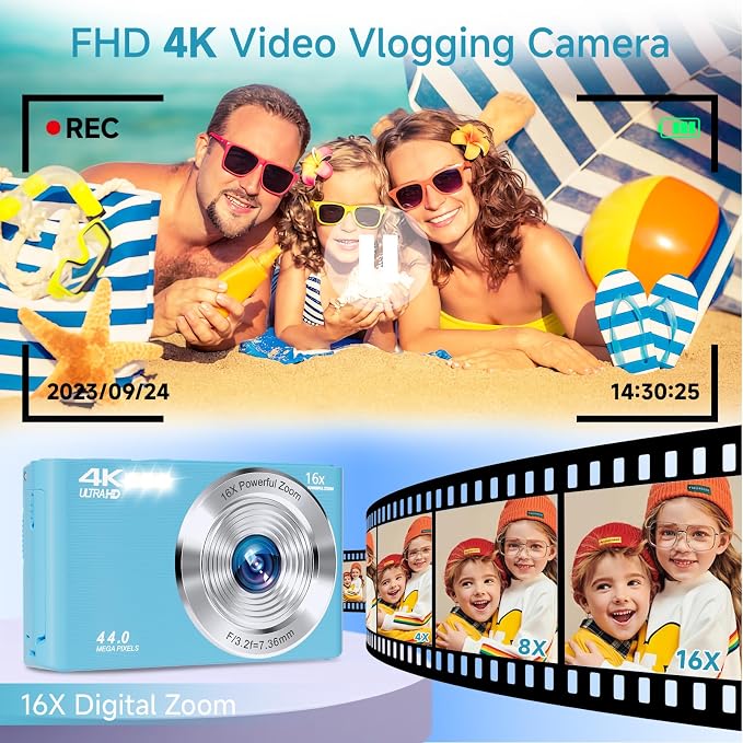 SMARTKLIK Digital Camera for Teens, FHD 4K 44MP with 64GB SD Card, 16X Digital Zoom, Compact Point Shoot Camera Blue - Image 2