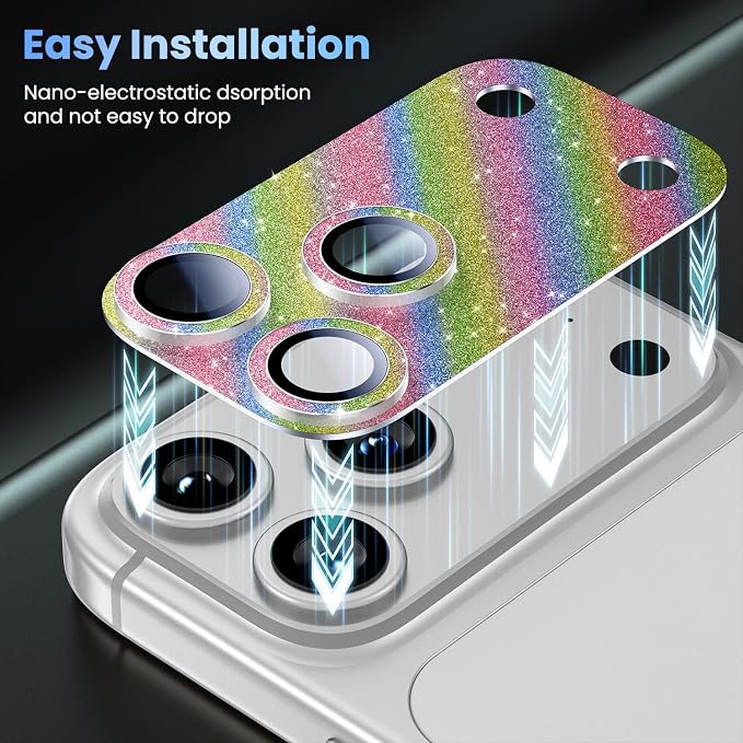 Uyiton for iPhone 17 Pro Max Camera Lens Protector, Metal Frame Glass Cover | Not Easy to Break, Strong Adsorption, Case-Friendly, Metal 9H Sapphire Glass Rear Camera Screen Cover, Glitter Colorful - Image 7