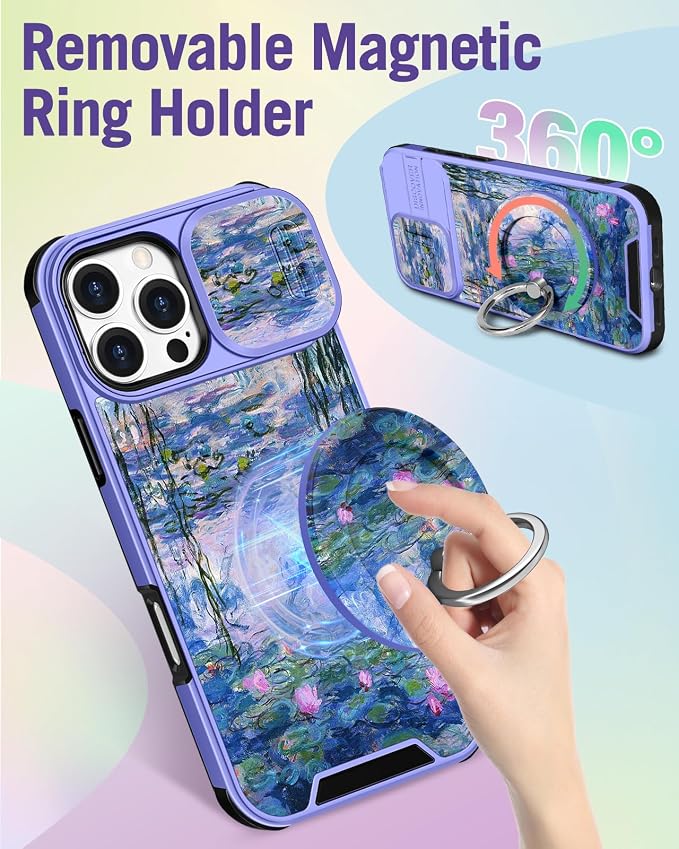 Buleens for iPhone 16 Pro Max Case 6.9 Inch - with Ring Stand & Camera Cover Aesthetic Cute Designed Women Girls Girly Kawaii Blue Water Lily Phone Case for iPhone 16 Pro Max Compatible with Magsafe - Image 5