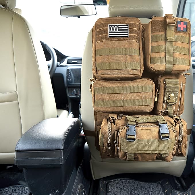 Universal Tactical Car Seat Back Organizer Bag Tactical Molle Vehicle Organizers Panel Vehicle Protector Organizers with 5 Detachable Pouches for Car Truck Ford Jeep (Khaki) - Image 9