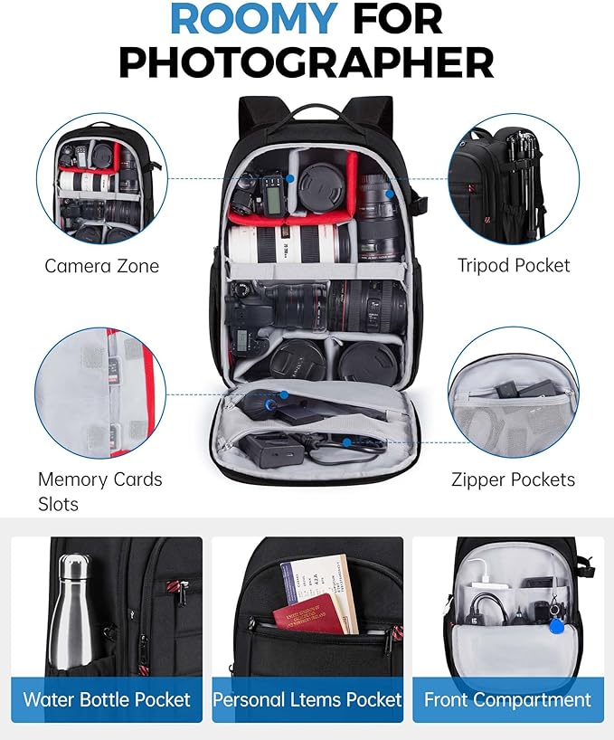 BAGSMART Camera Bag for DSLR, Waterproof Camera Backpacks for Photographers, Camera Case with Laptop Compartment-15.6" Black - Image 4