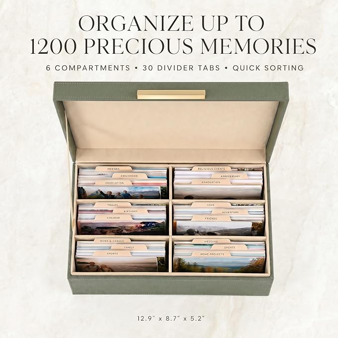 Decorative Photo Storage Box - PU Leather Organizer for 1200 4x6 Photos | Sturdy Scrapbook Storage Containers with Dividers and Lid - Portable Box Safely Stores Your Pictures - Image 3