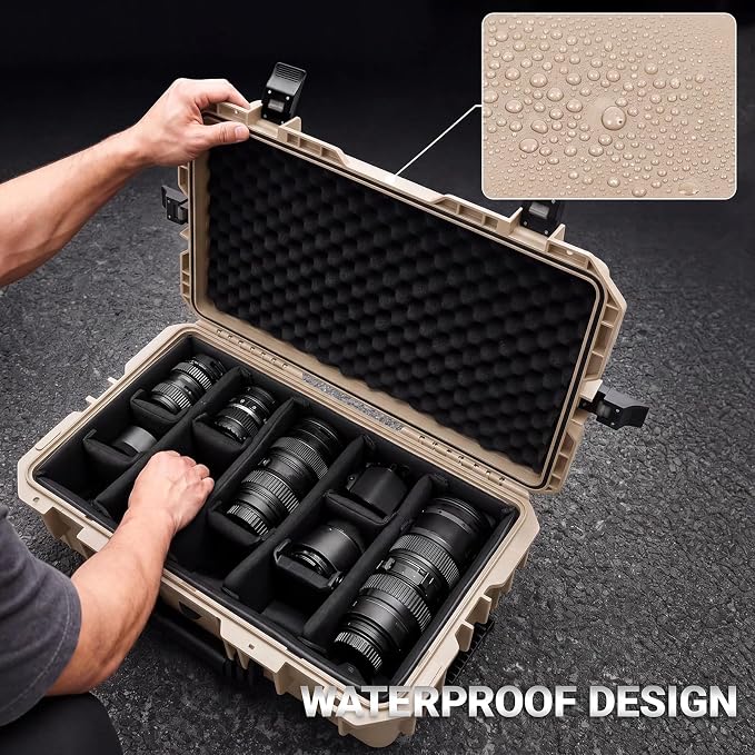 Relaxweex Rolling Camera Hard Case with Padded Dividers & Wheels, Impact-resistant Hard Shell Travel Case for Cameras, Lenses & Accessories(26 x 20 x 10 Inch,Sand Color) - Image 7