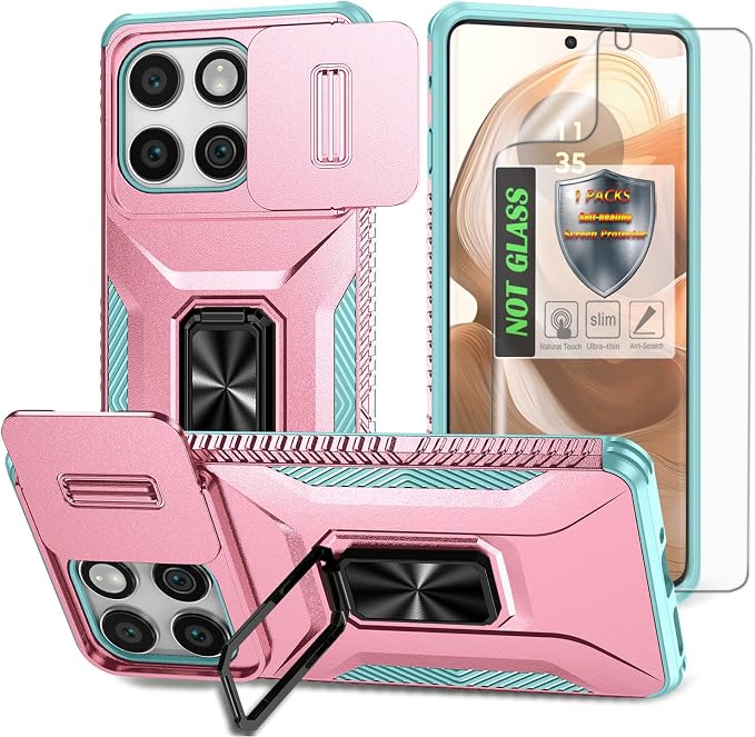 for Moto Edge 2025 Case,with Sliding Camera Lens Cover,HD Screen Protector,360° Rotating Kickstand,AYMECL Military-Grade Shockproof Protective Cover for Motorola Moto Edge 2025,Pink+Turquoise by AYMECL