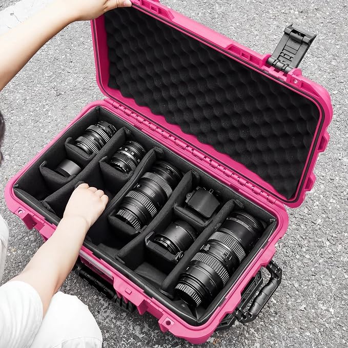 Relaxweex Rolling Camera Hard Case with Padded Dividers & Wheels, Impact-resistant Hard Shell Travel Case for Cameras, Lenses & Accessories(22 x 14 x 9 Inch,Rose Red) - Image 7