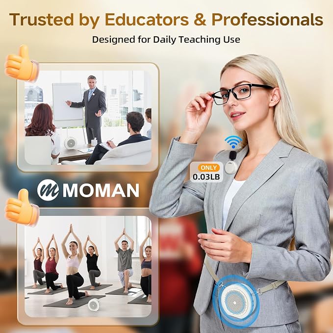 Moman Wireless Voice Amplifier with Lavalier Mic, 20H Battery 164ft Range Sensitive Pickup Noise Reduction PA System Bluetooth Portable Magnetic Charging Dock, Amplifier for Teacher Yoga Tour, White - Image 2