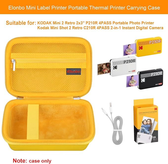 Elonbo Carrying Case for KODAK Mini 2 Retro 2x3 Portable Photo Printer | Bluetooth Smartphone Instant Color Printer Hard Travel Protective Bag, Mesh Pocket fits Cartridge Photo Paper Sheets, Yellow - Image 2