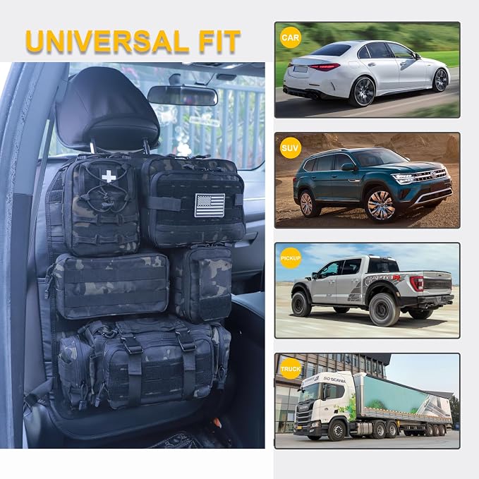 Universal Tactical Car Seat Back Organizer Bag Tactical Molle Vehicle Organizers Panel Vehicle Protector Organizers with 5 Detachable Pouches for Car Truck Ford Jeep (Upgraded C model Black camo) - Image 2