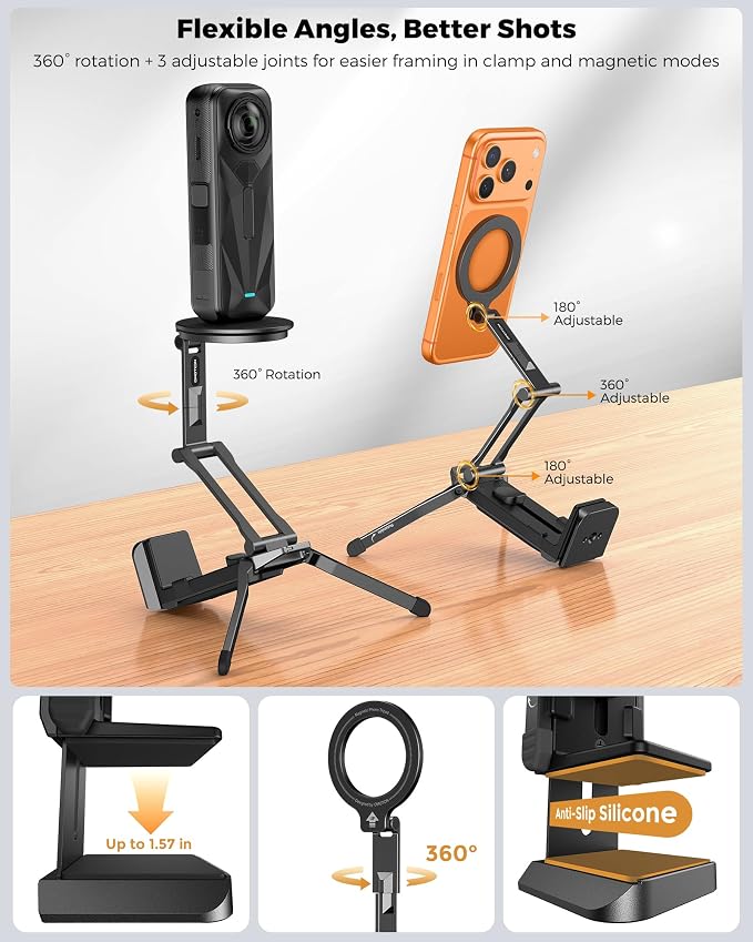 OMOTON TP02-Ultra Multi-Device Camera & Phone Mount with 1/4" Adapter Black | Built-In 1/4" & Arca Base, Clamp, Magnetic & Tripod Setups for iPhone, Pocket/Action Cameras, Overhead & Low-Angle Filming - Image 8