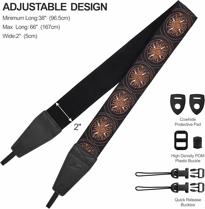 Padwa Lifestyle Brown Sun God Camera Strap - 2" Full Grain Leather Ends Camera Straps for Photographers, Vintage Embroidered Cotton Soft Suede Fabric Padded Strap Quick Release fits All Cameras - Image 6