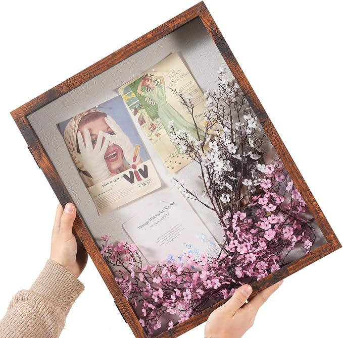 Muzilife 16x20 Shadow Box Picture Frame, 2.16 Deep, Real Glass, Honey Brown | FSC-Wood, Magnetic Door, Linen Interior & Pins, Vertical, Horizontal Wall Hanging, Display Case Frame for Photos & Keepsakes - Image 7