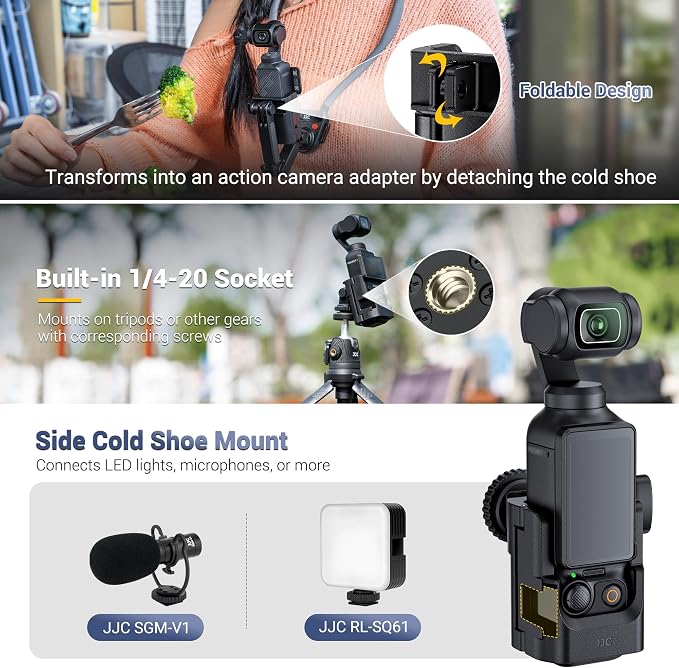 JJC 3-in-1 Expansion Adapter Cage for DJI Osmo Pocket 4 3 and Xtra Muse | Tripod Mount Hot Shoe Extender Converter, 1/4-20 Stick Handle Bracket Accessories, with Action Camera Port & Cold Shoe Holder - Image 3