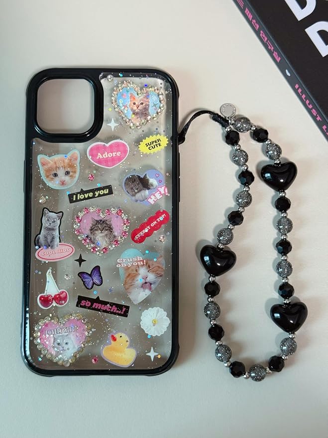 Drawwind Phone Charm Beaded Wristlet Strap Universal Cell Phone Lanyard Cute Bracelet Wrist Strap Beaded Chain String Handmade Accessories for Case Camera Bags (Black Hearts) - Image 5