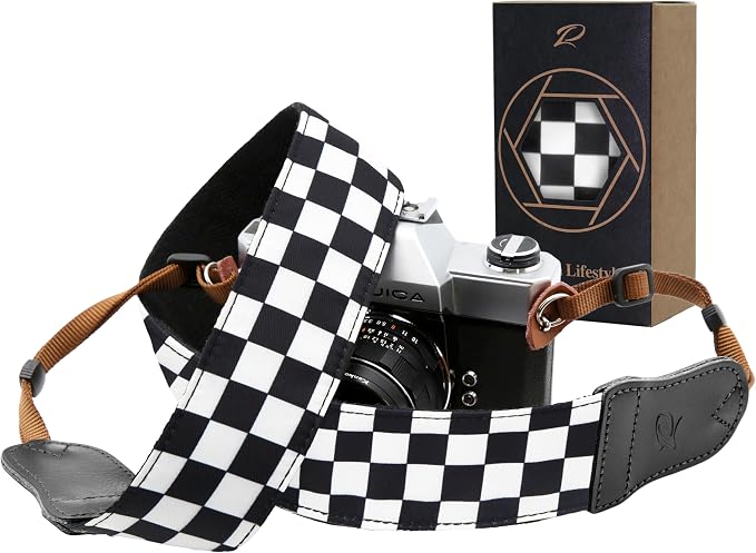 Padwa Lifestyle Black and White Plaid Camera Strap - 2" Wide Double Layer Cowhide Head,Cotton Camera Shoulder Straps,Grid Pattern Adjustable Camera Neck Strap for all Cameras,Gift for Photographers by PadwaLifestyleCameraStrap