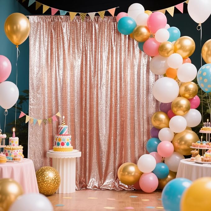 SquarePie 5x7ft Rose Gold Sequin Backdrop, High Density Non-Transparent Glitter Curtain for Photography, Birthday, Wedding Party Decorations, Thick Solid Background with 4" Rod Pocket, 1 Panel - Image 2