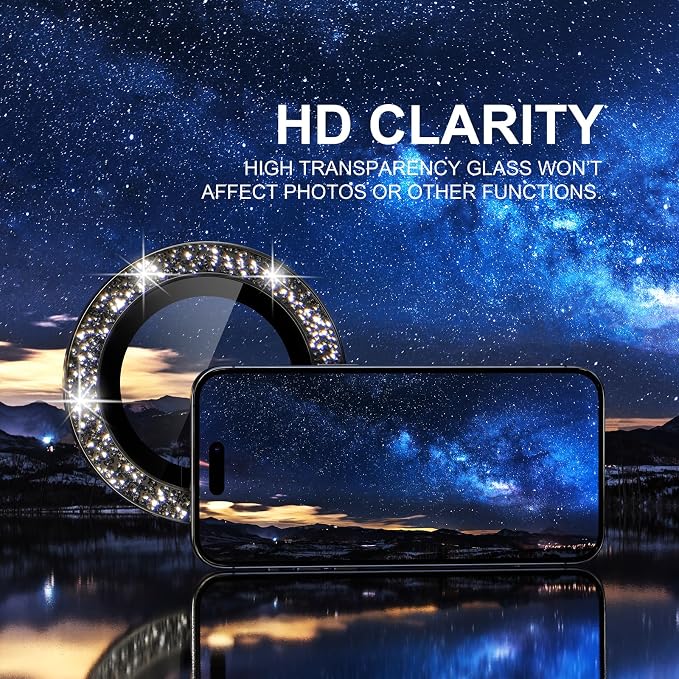 Choiche for iPhone 15 Pro/iPhone 15 Pro Max Camera Lens Protector | Ultra HD, Bling 9H Tempered Glass Camera Cover Screen Protector Metal Ring Decoration Accessories (Glitter-Black) - Image 5