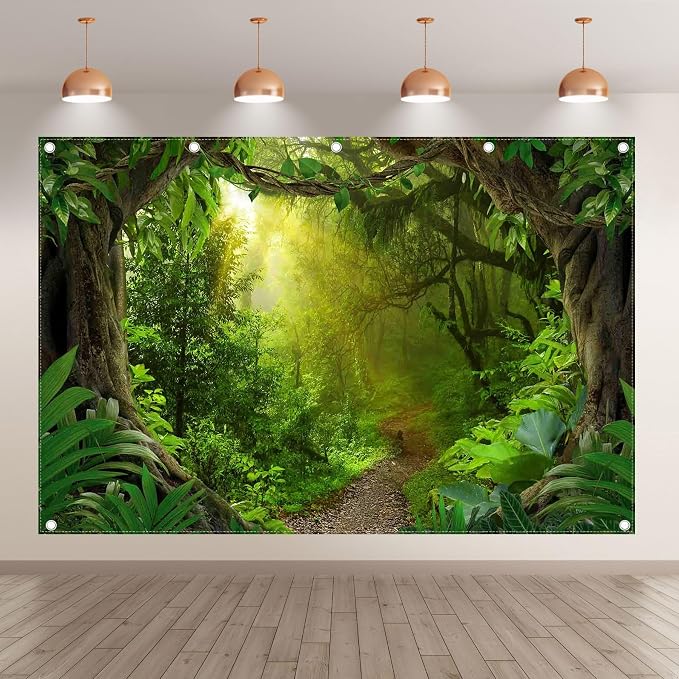 12x8ft Jungle Forest Photography Backdrop Rainforest Background | Tropical Kids Adults Party Supplies, Natural Scenery Banner, Safari Photo Booth, Polyester, Grommets, 1PC - Image 2