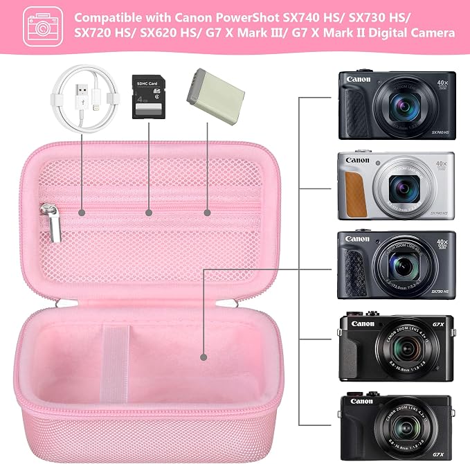 Carrying Case for Canon PowerShot SX740 HS, SX730 HS Camera, Pink | SX720 HS, SX620 HS, G7 X Mark III, G7 X Mark II Digital Camera, Storage Holder Travel Bag with Mesh Pocket for Battery Pack - Image 2