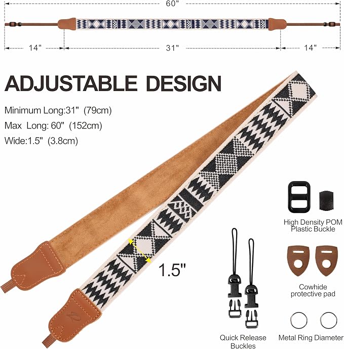 Padwa Lifestyle Diamonds Camera Strap - 1.5" Crazy Horse Cowhide Ends Camera Straps for Photographers, Cute Cotton Weave Soft Suede Fabric Padded Strap fits All Cameras for Adults & Kids - Image 6