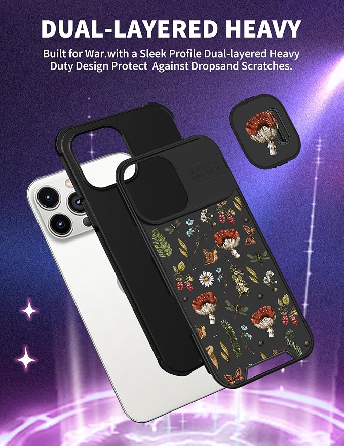 for iPhone 16 Pro Case - Women Cute Phone Cover Girly Pretty Fancy Unique Aesthetic Design Slide Camera Cover Protective Case for Apple for iPhone 16 Pro,Mushroom Floral - Image 5